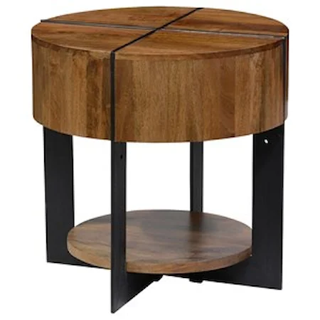 Round Mango Wood End Table with Iron Base